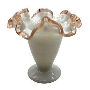 Vintage Fenton White Rose Crest Crimped top Vase 4.5"H Milk Glass